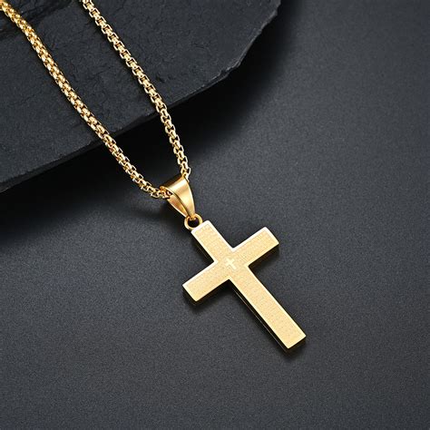 High Polished Stainless Steel Mens Cross Necklace Plated With 18k Gold
