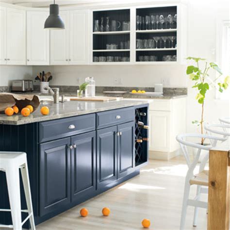 In this devol kitchen the cabinets have been painted in damask and the walls and shelves have been kept the same shade of white too. Decorator Faves: Kitchen Island Colour Choices - Paintshop