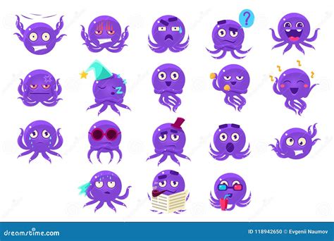 Lustiger Kraken Charakter Emoji Satz Vektor Abbildung Illustration