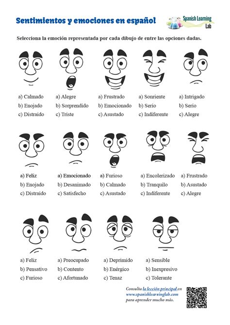 Adjectives For Feelings And Emotions Spanish Worksheet Pdf Spanish Learning Lab