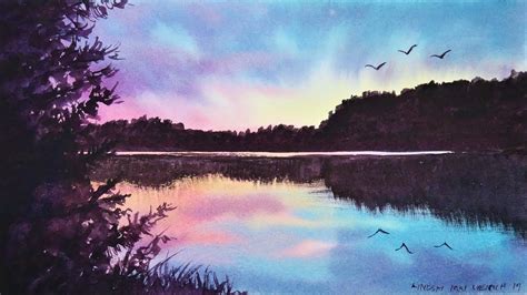 Easy Pond Sunset Using Only 3 Colors Real Time Watercolor Tutorial