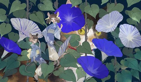 Wallpaper Anime Girls Cats Nekosuke Original Characters Flowers