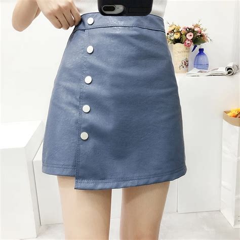 New Fashion Women Pu Slim High Waist Irregular Short Skirt Sexy And Club Button Above Knee Skirt