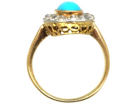 Edwardian 18ct Gold Turquoise Diamond Oval Cluster Ring 720M The
