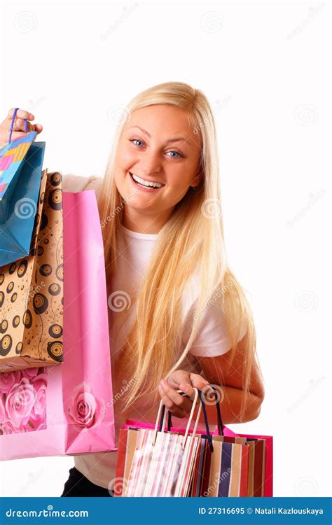 Blonde Woman Likes Shopping Stock Image Image Of Glamour Funny