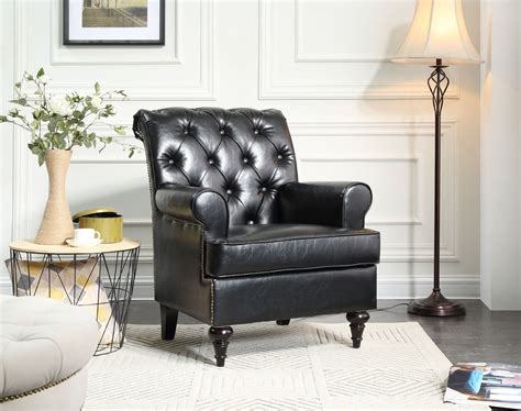 Tufted Scroll Arm Chesterfield Faux Leather Accent Chair Living Room