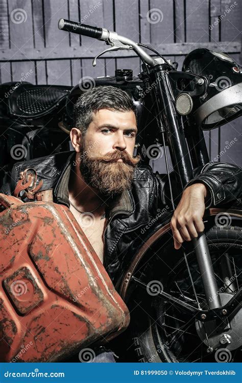 Bearded Man Hipster Biker Stock Photo Image Of Wooden 81999050