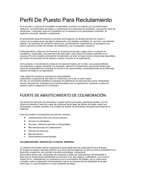 Perfil De Puesto Para Reclutamiento Pdf Reclutamiento Recursos