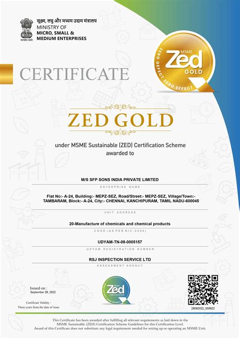 Msme Sustainable Zed Gold Certification For Sfp Sons Sfp Sons Pvt Ltd