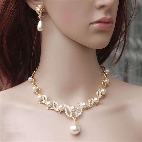18k gold wedding jewelry sets ivory pearl clear rhinestone crystal diamante wedding necklace and