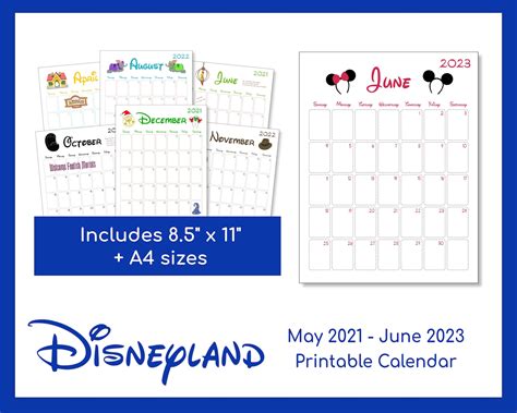 Disneyland Printable Calendar May 2021 June 2023 Instant Etsy