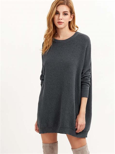 grey ribbed knit drop shoulder oversized sweater shein sheinside