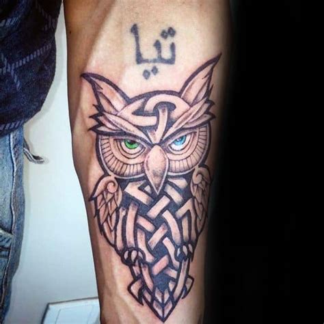 Grey celtic knot tattoo on arm sleeve. 30 Celtic Owl Tattoo Designs For Men - Knot Ink Ideas