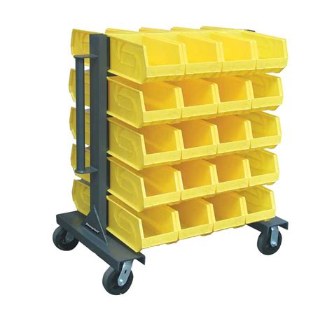 This storage bin with wheels has molded grooves for easy stacking. Heavy-Duty Mobile Bin Rack - Strong Hold | Seriously Strong Industrial Storage Solutions