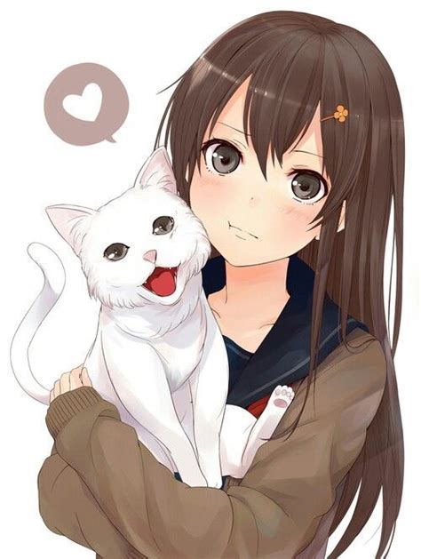 Anime Girl Brown Hair Brown Eyes White Cat Anime Neko Gato