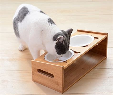 Lepet Raised Cat Food Bowls Elevated Cat Dish Solid Bamboo Stand