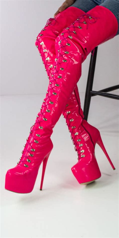 80 cms neon pink extra thigh high military boots thigh high boots heels lace up high heels boots