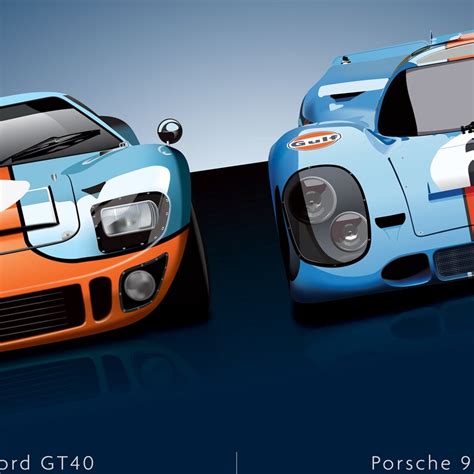 Le Mans Racing Poster Ford Gt40 Porsche 917 Gulf Livery Print Etsy