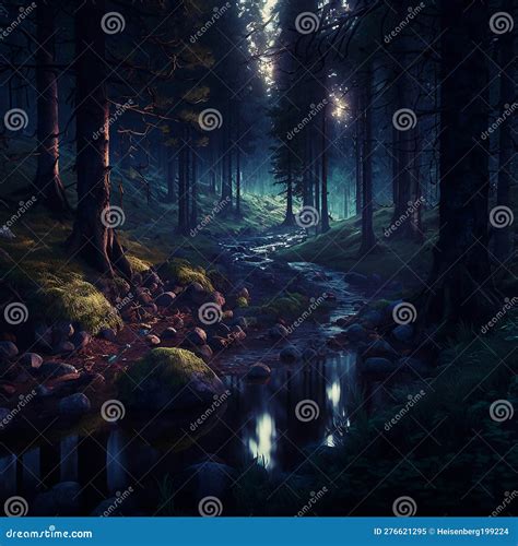Dark Pine Forest In Beautiful Day Digital Art Stock Illustration