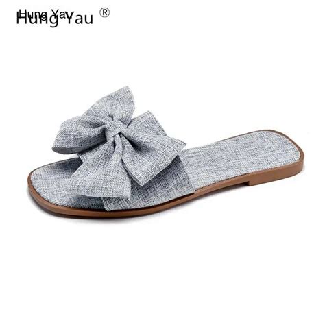 Hung Yau Women Sandals Ladies Outdoor Slippers Shoes Women Flat Linen Bow Knot Flip Flop Sandals