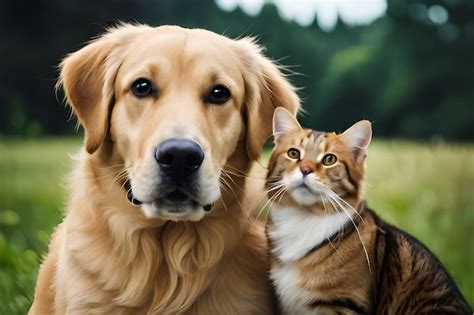 Perro Golden Retriever Junto A Un Hermoso Gato Amistad Entre Animales