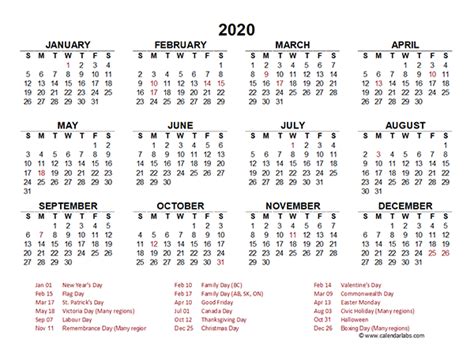 2020 Canada Yearly Calendar Template Excel Free Printable Templates