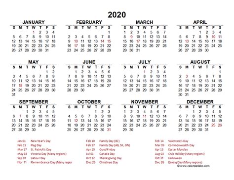 canada yearly calendar template excel