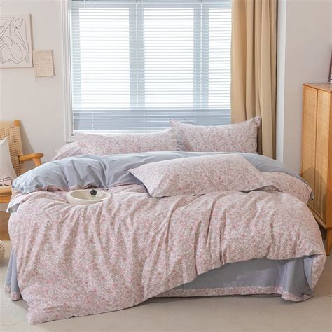 Vclife Cotton Bedding Sets King Pink Gray Floral Duvet
