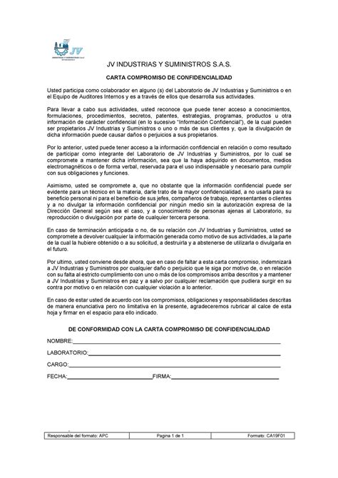 Ca19f01 Carta Compromiso Confidencialidad Jv Industrias Y Suministros