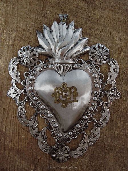 Silver Tin Sacred Heart Ex Voto With Fleur De Lis Scrolls And Halos 8