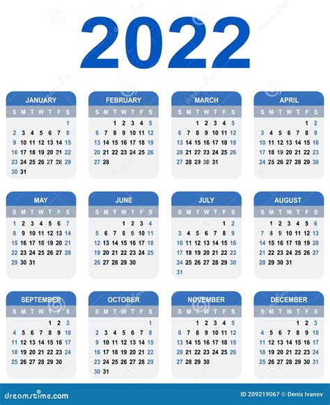 Calendario 2022 La Semana Comienza El Domingo Cuadrícula Básica