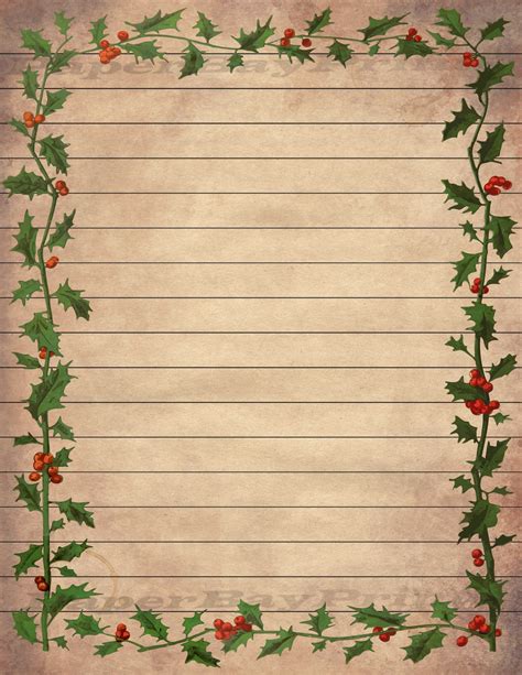 Free lined, handwriting paper with border. Printable Writing Paper, Vintage Christmas Holly Border, Old Scrapbook Paper, Background, Lined ...