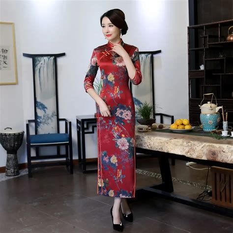 New Arrival Print Flower Slim Long Qipao Silk Rayon Elegant Traditional
