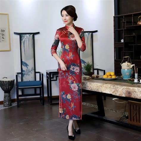 New Arrival Print Flower Slim Long Qipao Silk Rayon Elegant Traditional Chinese Women Dress Sexy