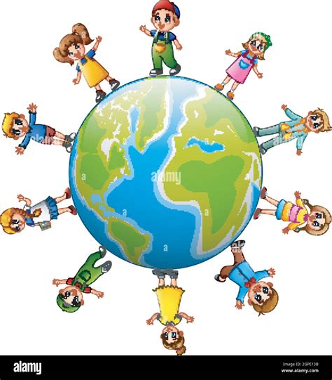 Happy Children Standing Around The Earth Stock Vector Image And Art Alamy