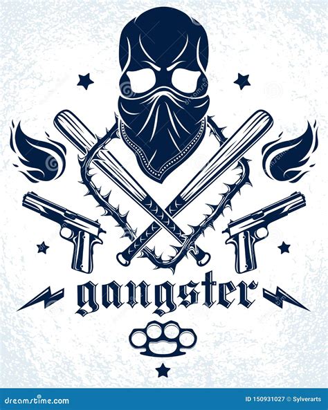 Gang Brutal Criminal Emblem Or Logo With Aggressive Skull Baseball Bats