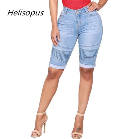 Helisopus 2019 New Summer Women S High Waist Jeans Shorts Bodycon Knee Length Elastic Jeans
