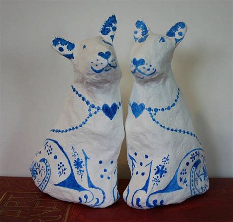 Pair Of Papier Mach Bull Terriers In Blue And White Etsy Terrier