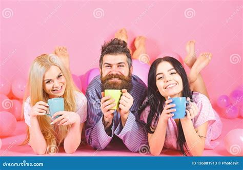 Threesome Relax In Morning With Coffee Stormy Night Concept Stock