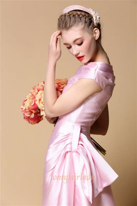 Pastel Pink Pleated Side Bow Tea Length Satin Wedding Gown Fairy Tale