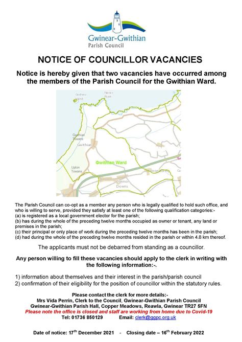 Two Councillor Vacancies For The Gwithian Ward Gwinear Gwithian Parish Council