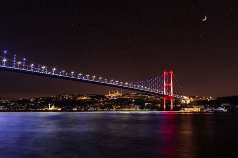 Premium Photo Illuminated Bosphorus Bridge At Night Istanbul Turkey