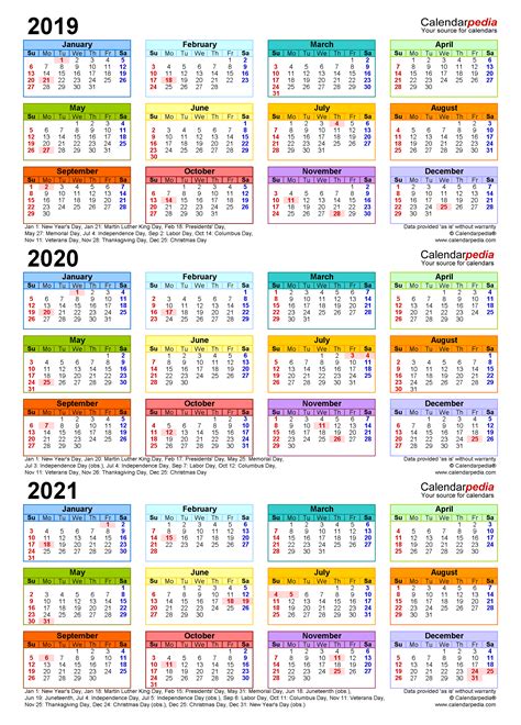 2019 2021 Three Year Calendar Free Printable Excel Templates