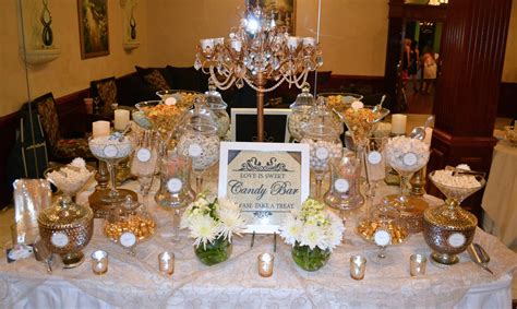 The most common white buffet table material is cotton. White & Gold Wedding Candy Buffet | Candy buffet wedding, Gold wedding candy