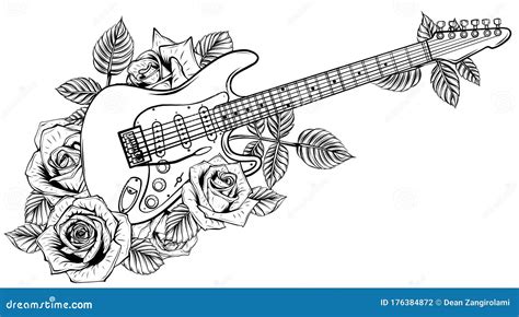 Electric Guitar Roses And Music Notes Vector Stock Vector