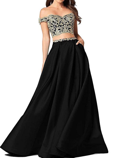 Fitty Lell Womens Two Pieces Long Satin Prom Dresses Off The Shoulder