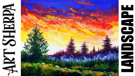 Sunset Misty Landscape Trees Beginners Learn To Paint Acrylic Tutorial
