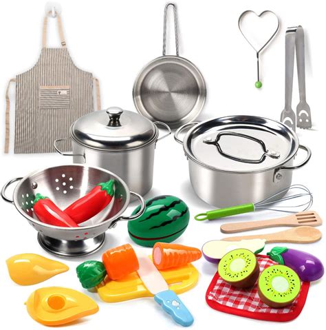 Set has 4 pcs cooking pots has a medium size pan has a small pan has 3 pcs cooking and serving nonstick spoons has 2 pcs placemats for use while serving. CUTE STONE Pretend Play Kitchen Toys with Stainless Steel ...