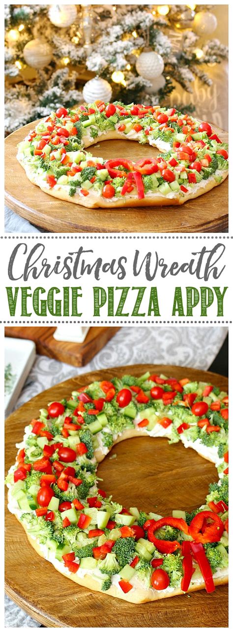 Christmas wreath vegetable pizza appetizer using crescent rolls. Quick