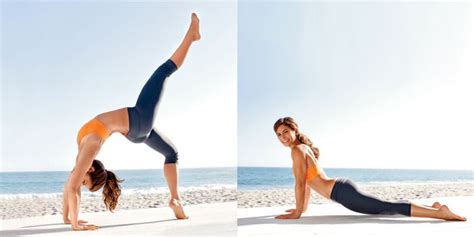 Two Photos Of A Woman Doing Yoga On The Beach
